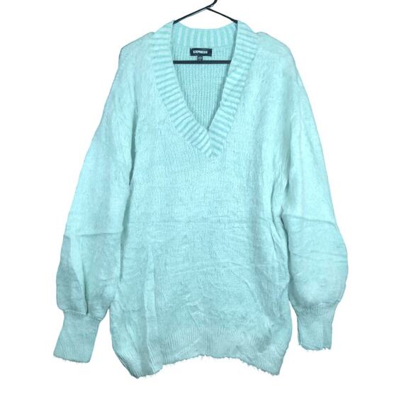 Express Womens Sweater Light Blue V Neck Super Soft Over Sized Puffed Sleeves L - Picture 1 of 12